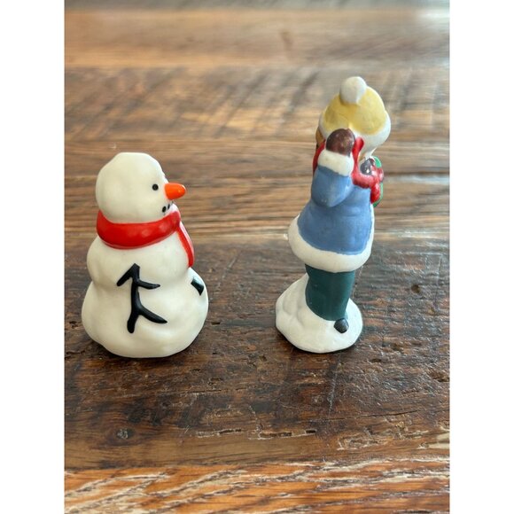 Vintage Ceramic Snowman & Boy Figurines Holding Gifts Christmas Village Figurine - Picture 2 of 12